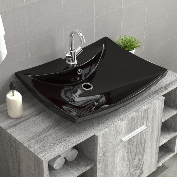 Chiuvetă dreptunghiulară preaplin & gaură robinet, negru, ceramică lux - WALTI WALTI