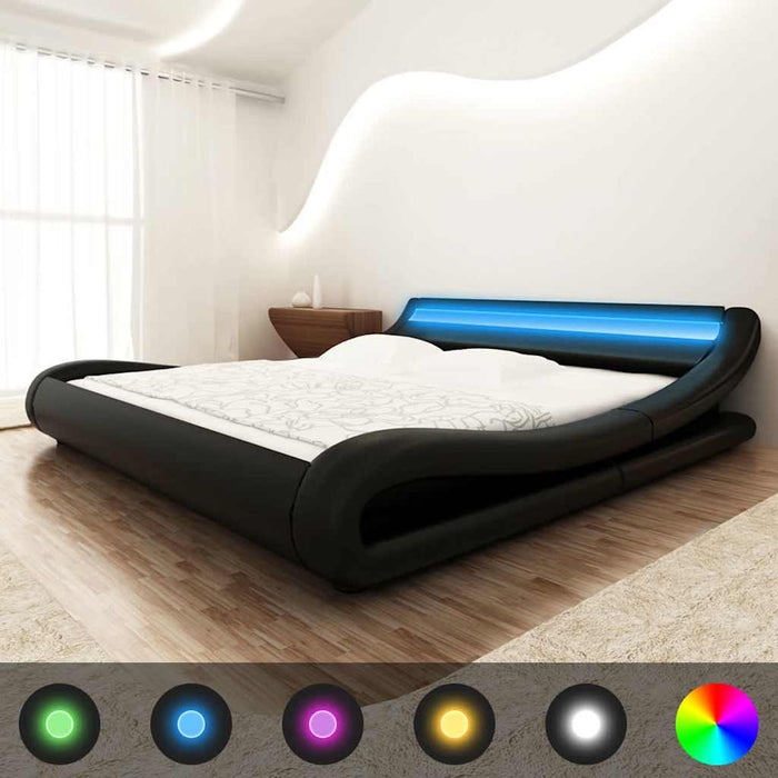Pat cu saltea, spumă memorie, LED, negru, 180x200 cm, piele eco WALTI