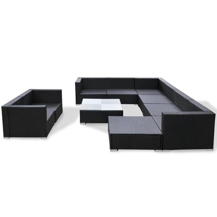 Set mobilier de grădină cu perne, 10 piese, negru, poliratan WALTI