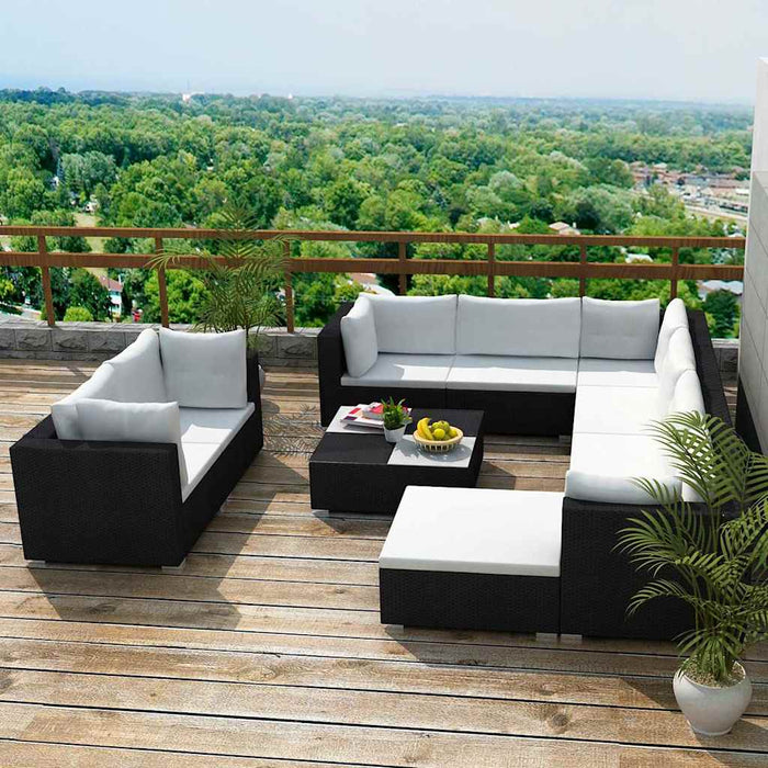 Set mobilier de grădină cu perne, 10 piese, negru, poliratan WALTI