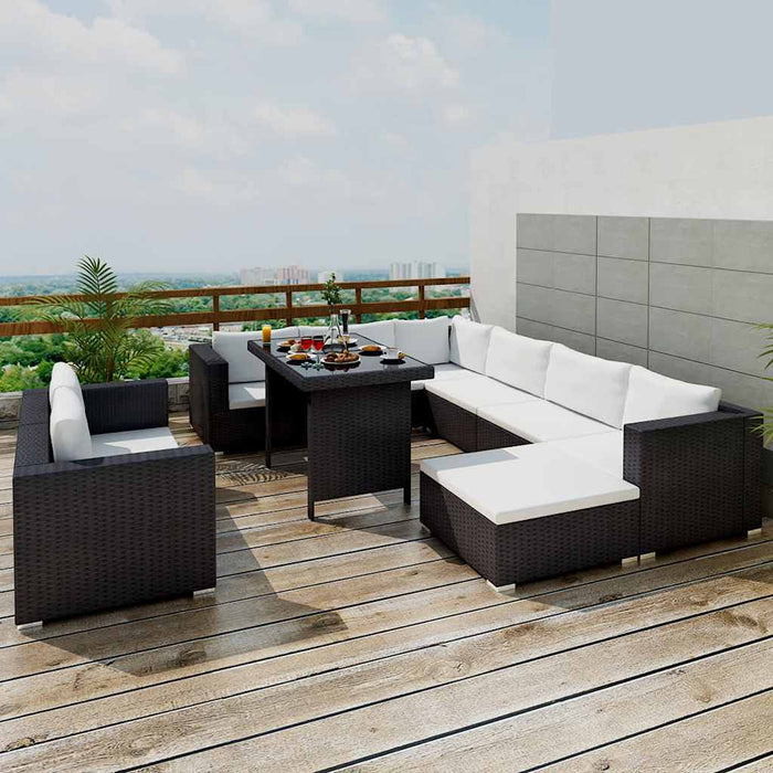 Set mobilier de grădină cu perne, 10 piese, negru, poliratan - WALTI WALTI