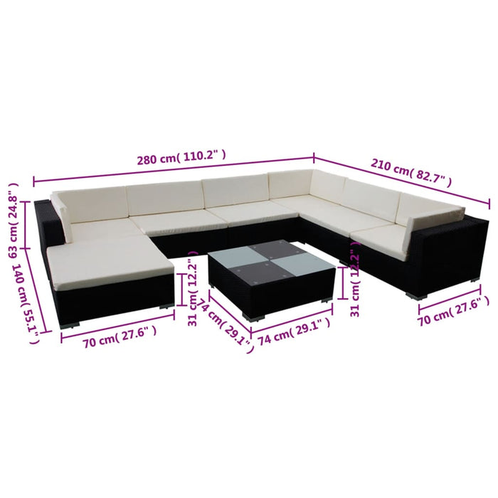 Set mobilier de grădină cu perne, 8 piese, negru, poliratan WALTI
