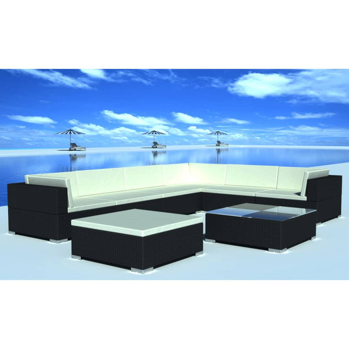 Set mobilier de grădină cu perne, 8 piese, negru, poliratan WALTI
