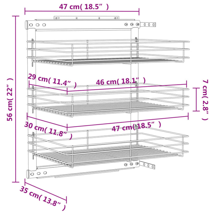 Coș sârmă bucătărie retractabil 3 niveluri argintiu 47x35x56 cm - WALTI WALTI
