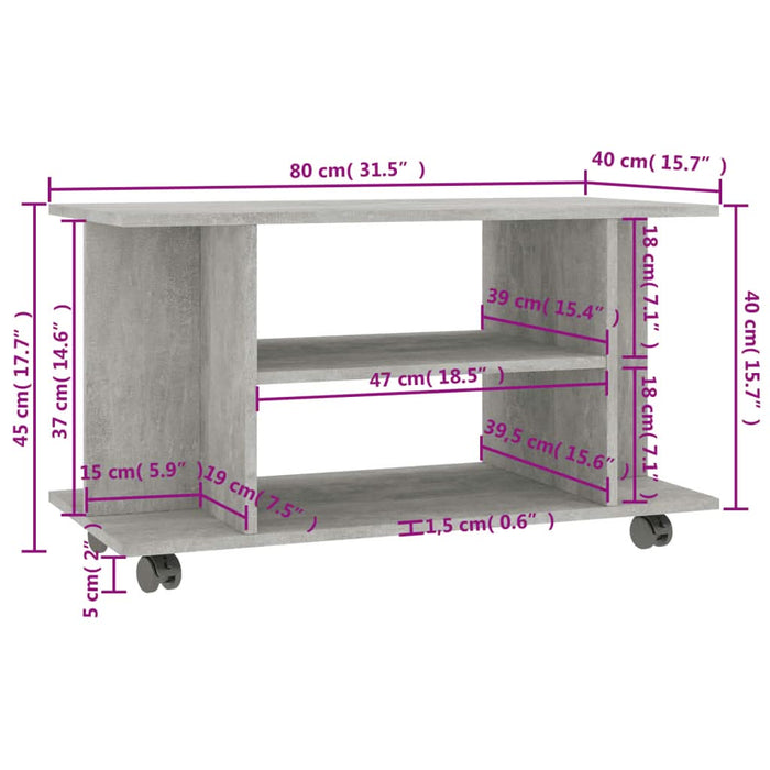 Comodă TV cu roți, gri beton, 80x40x45 cm, lemn prelucrat - WALTI WALTI