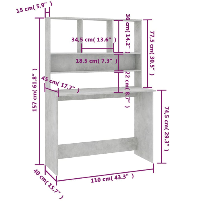 Birou cu rafturi, gri beton, 110x45x157 cm, PAL - WALTI WALTI