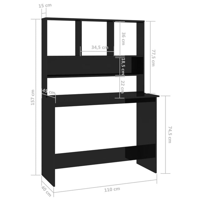 Birou cu rafturi, negru extralucios, 110x45x157 cm, PAL - WALTI WALTI