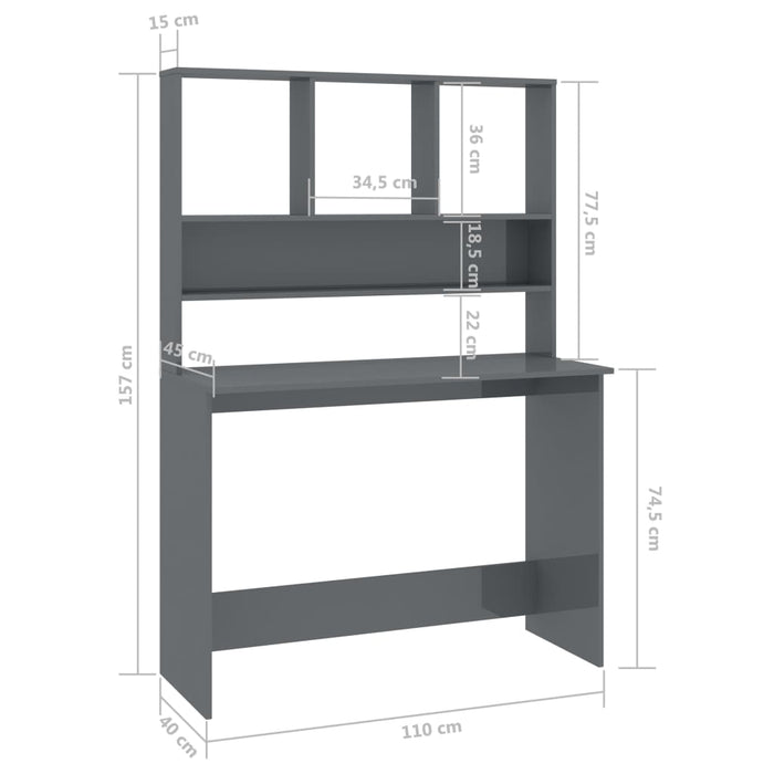 Birou cu rafturi, gri extralucios, 110x45x157 cm, PAL - WALTI WALTI