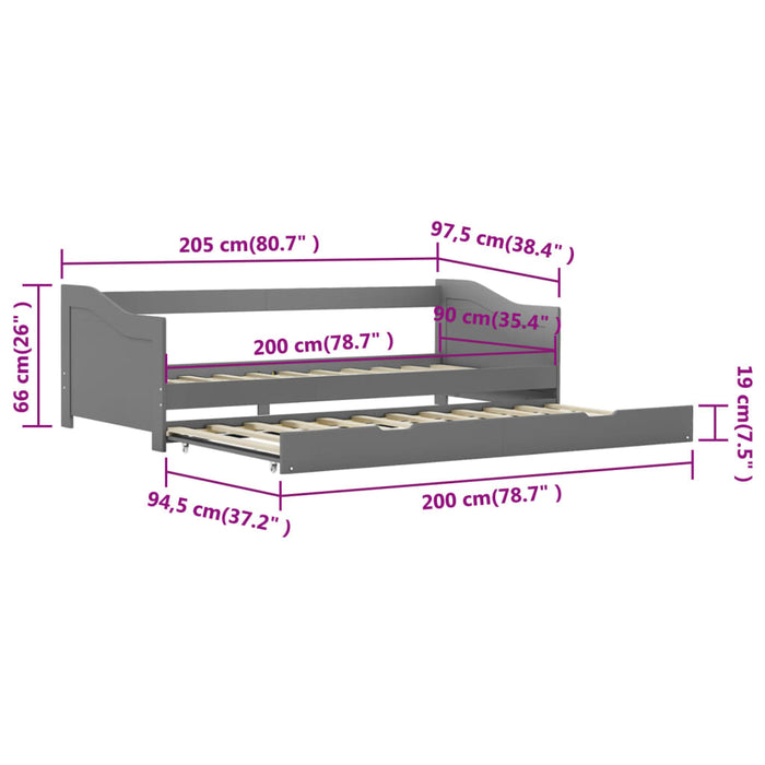 Cadru pat canapea, extensibil, gri, 90 x 200 cm, lemn de pin WALTI