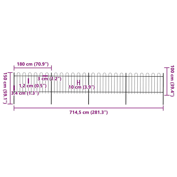 Gard de grădină cu vârf circular din oțel, 714,5 x 100 cm, negru - WALTI WALTI