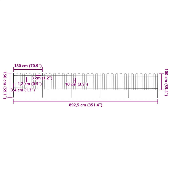 Gard de grădină cu vârf circular din oțel, 892,5 x 100 cm, negru - WALTI WALTI