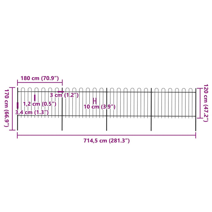 Gard de grădină cu vârf circular din oțel, 714,5 x 120 cm, negru - WALTI WALTI