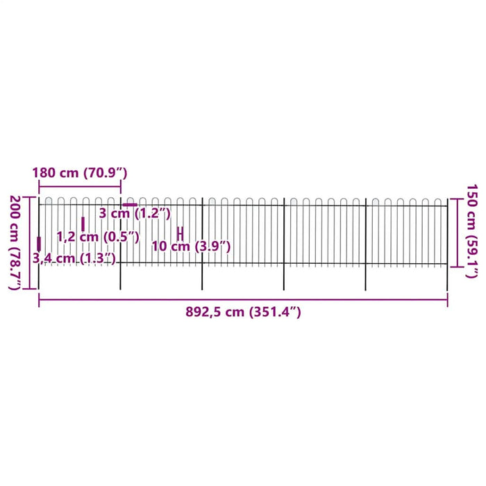Gard de grădină cu vârf circular din oțel, 892,5 x 150 cm, negru - WALTI WALTI