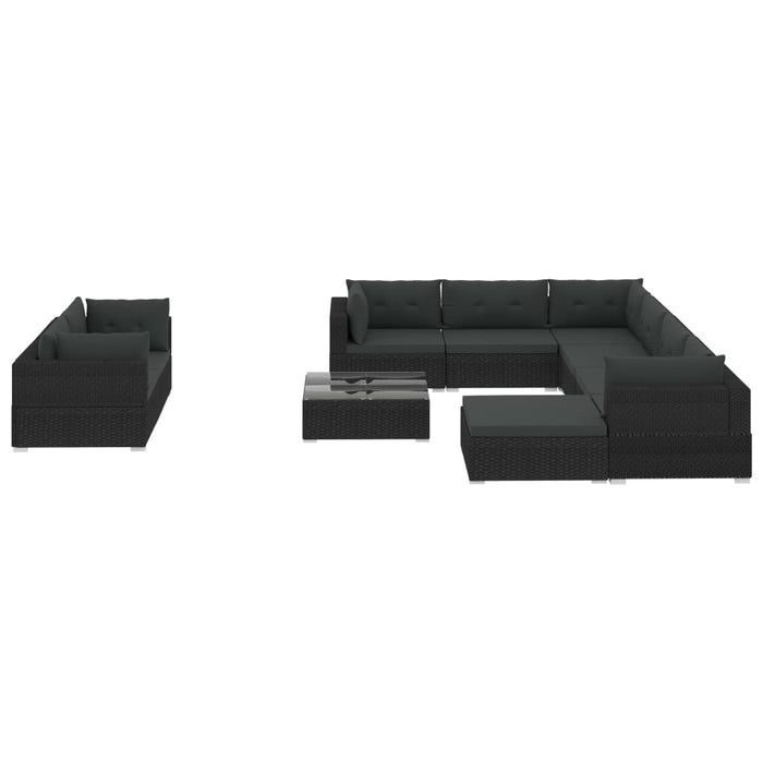 Set mobilier de grădină cu perne, 10 piese, negru, poliratan WALTI