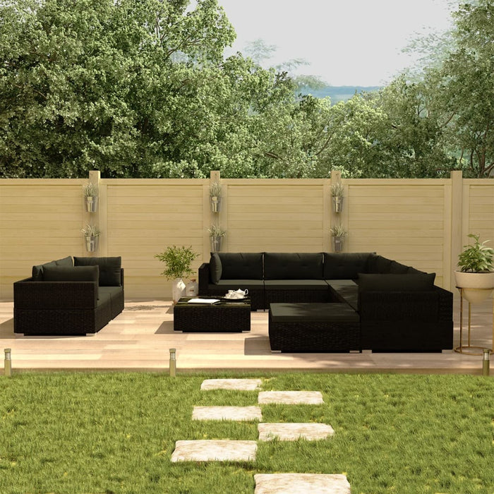 Set mobilier de grădină cu perne, 10 piese, negru, poliratan WALTI