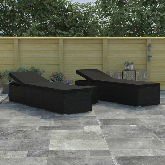 Șezlonguri pentru grădină cu pernă 3 pcs Negru Rattan poli WALTI