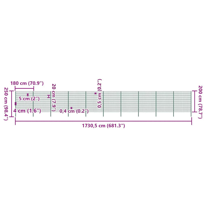 Panou de gard cu stâlpi din fier, verde, 1730x200 cm WALTI
