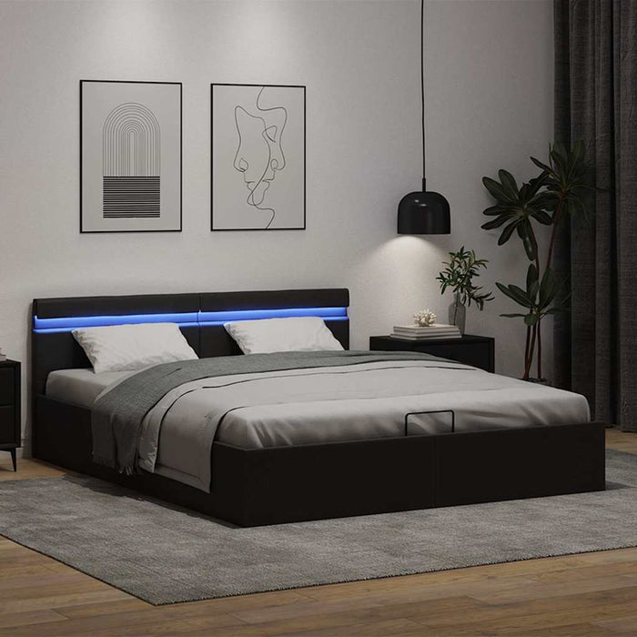 Cadru pat hidraulic cu ladă LED negru 160x200cm piele ecologică WALTI