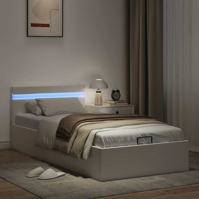 Cadru pat hidraulic ladă și LED alb 100x200 cm piele ecologică - WALTI WALTI