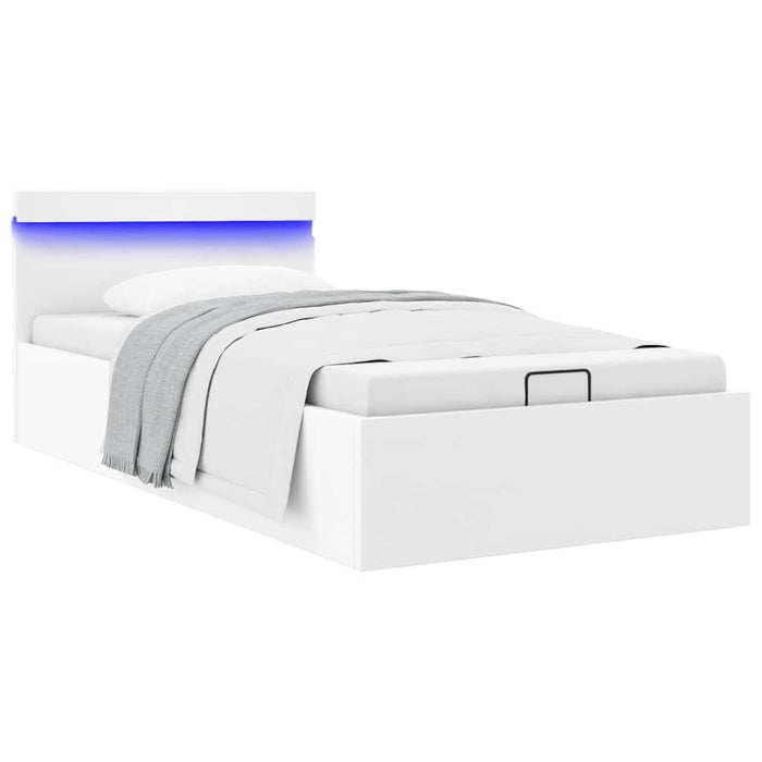 Cadru pat hidraulic ladă și LED alb 100x200 cm piele ecologică - WALTI WALTI