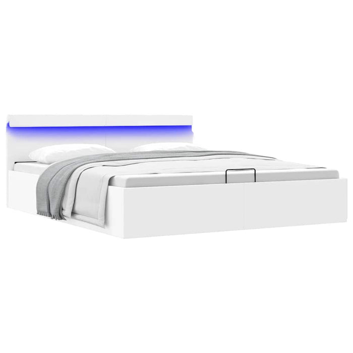 Cadru pat hidraulic cu ladă LED alb 160x200 cm, piele ecologică - WALTI WALTI