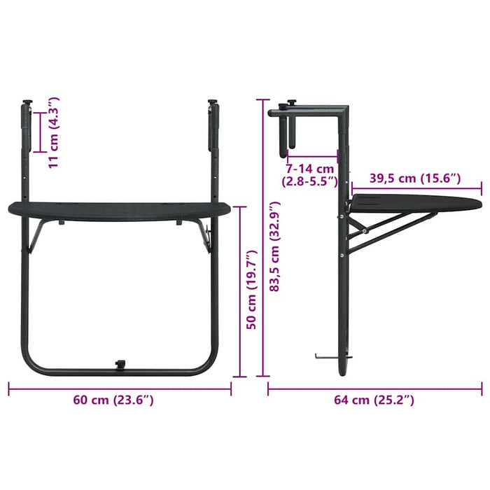 Masă balcon suspendată negru 60x64x83,5 cm plastic aspect ratan - WALTI WALTI