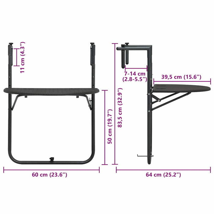 Masă balcon suspendată maro 60x64x83,5 cm plastic aspect ratan - WALTI WALTI