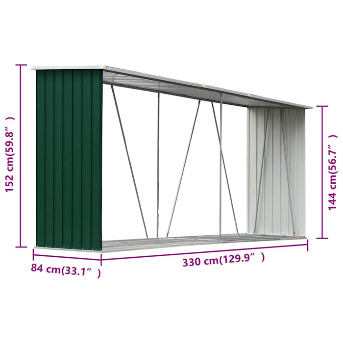 Șopron depozitare lemne, verde, 330x84x152 cm, oțel galvanizat WALTI