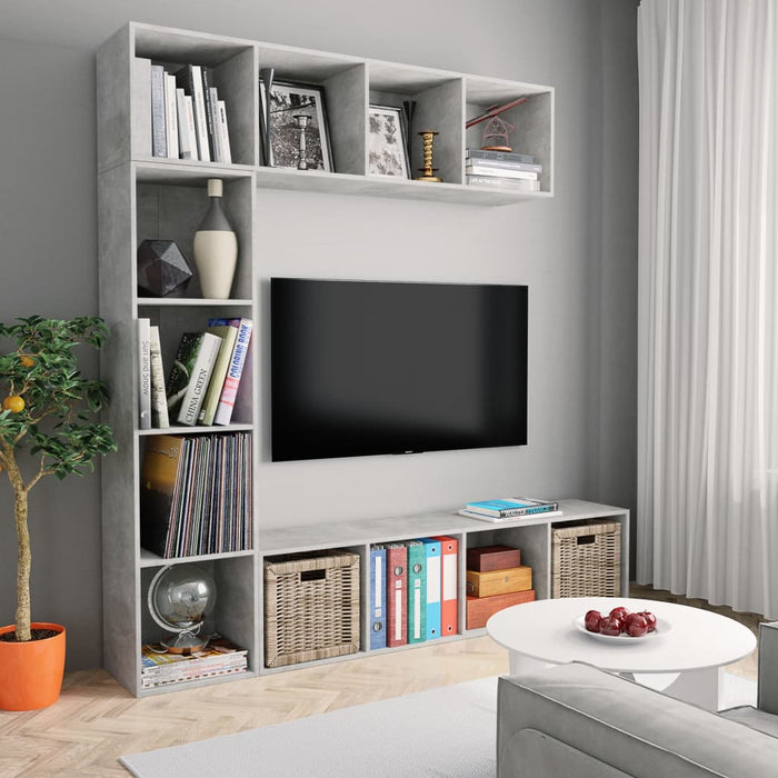 Set bibliotecă/comodă TV, 3 piese, gri beton, 180x30x180 cm - WALTI WALTI