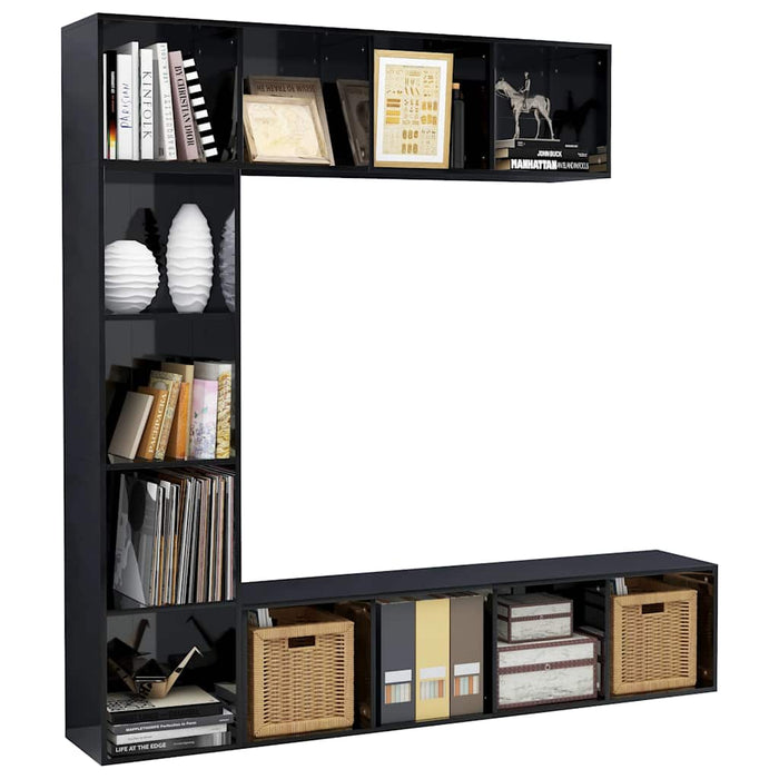 Set bibliotecă/comodă TV, 3 piese, negru lucios, 180x30x180 cm WALTI