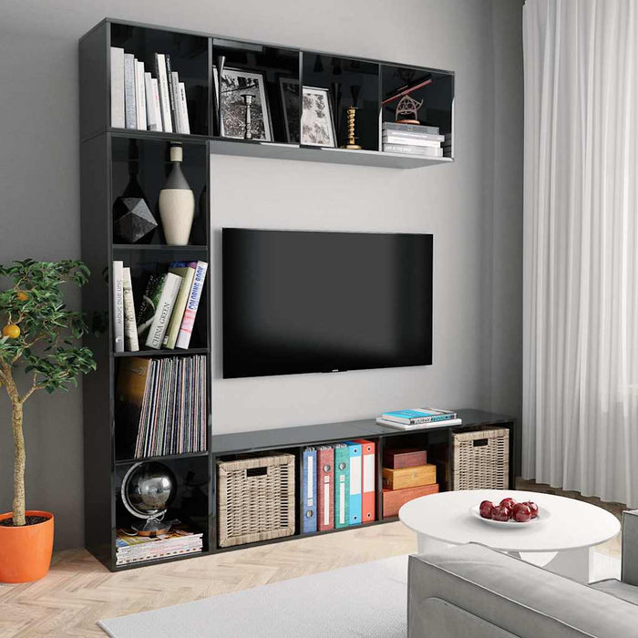 Set bibliotecă/comodă TV, 3 piese, negru lucios, 180x30x180 cm WALTI