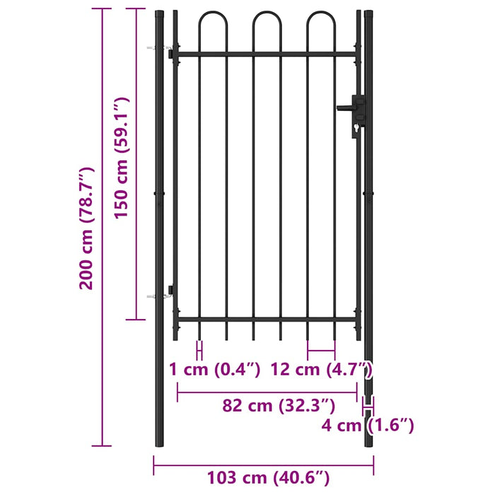 Poartă de gard BOXTEL cu ușă simplă și partea superioară arcuită din oțel, 1x1,5 m, negru - WALTI WALTI