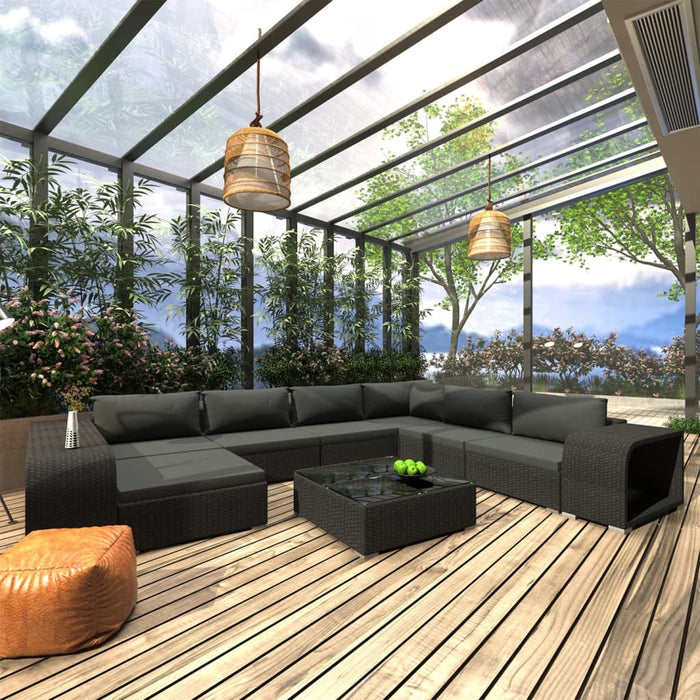 Set mobilier de grădină cu perne, 10 piese, negru, poliratan WALTI