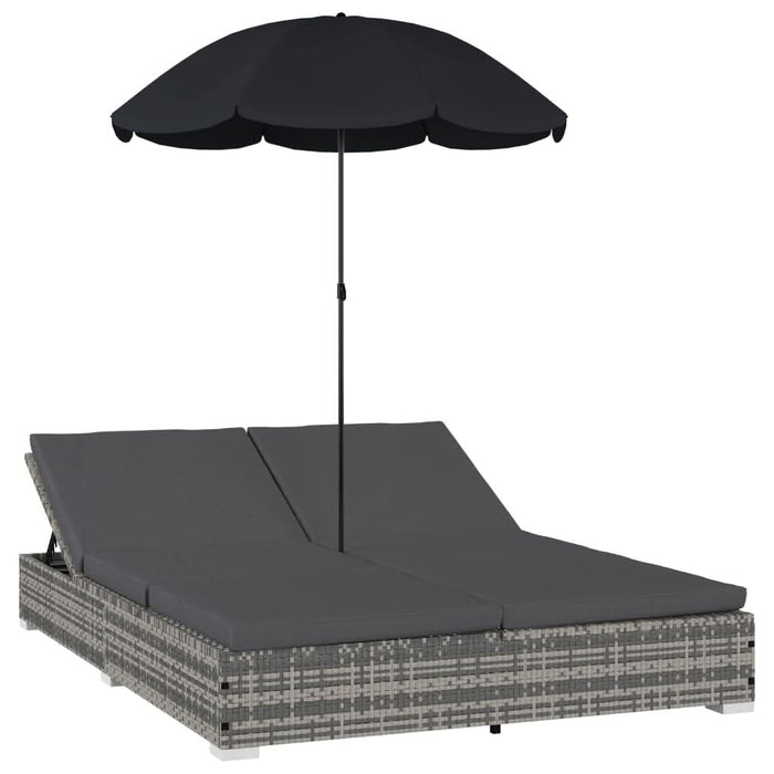 Pat șezlong de exterior cu umbrelă, gri, poliratan - WALTI WALTI