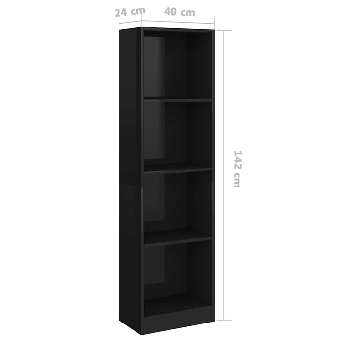 Bibliotecă cu 4 rafturi, negru extralucios, 40x24x142 cm, PAL WALTI