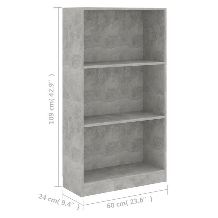 Bibliotecă cu 3 rafturi, gri beton, 60x24x109 cm, lemn compozit - WALTI WALTI