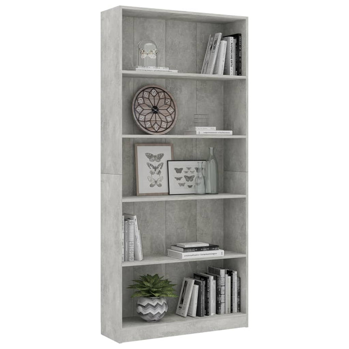 Bibliotecă cu 5 rafturi gri beton, 80x24x175 cm, lemn prelucrat - WALTI WALTI