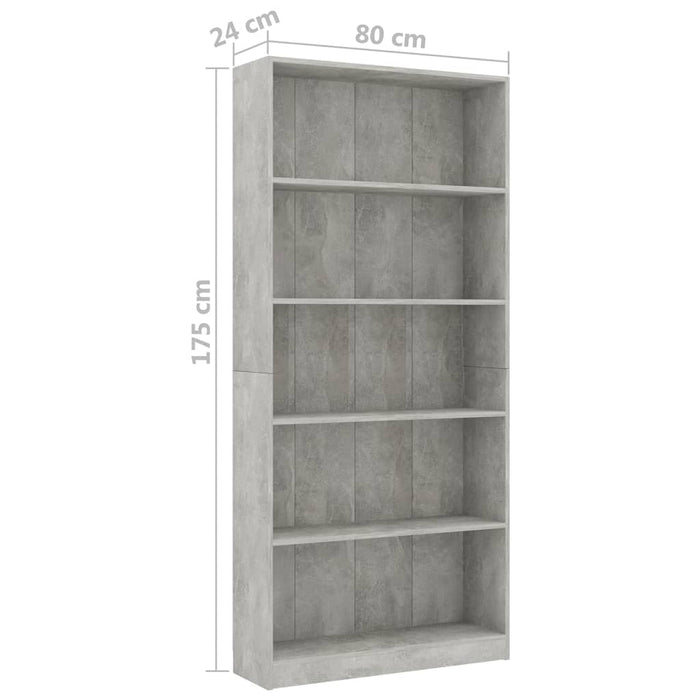 Bibliotecă cu 5 rafturi gri beton, 80x24x175 cm, lemn prelucrat - WALTI WALTI