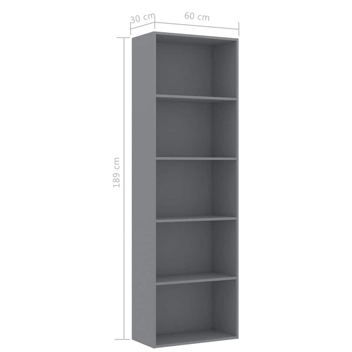Bibliotecă cu 5 rafturi, gri, 60x30x189 cm, PAL WALTI