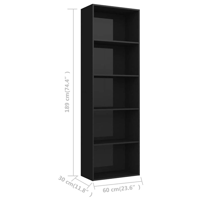 Bibliotecă cu 5 rafturi, negru extralucios, 60x30x189 cm, PAL WALTI