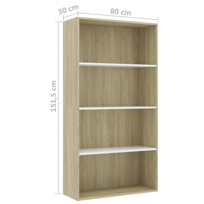 Bibliotecă 4 rafturi alb/sonoma, 80x30x151,5 cm, lemn prelucrat WALTI