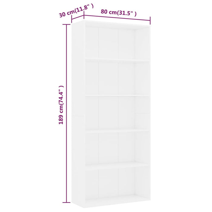 Bibliotecă cu 5 rafturi, alb, 80x30x189 cm, lemn prelucrat WALTI