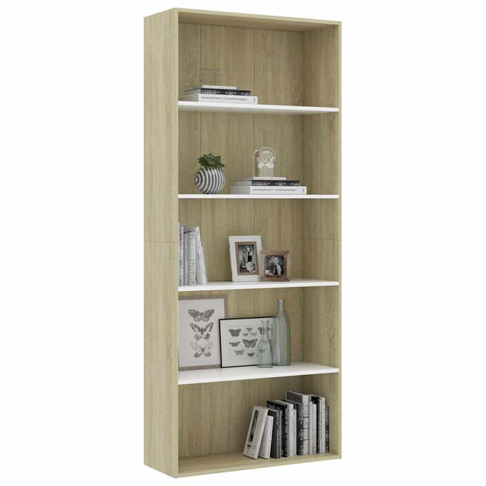 Bibliotecă cu 5 rafturi, alb & stejar sonoma, 80x30x189 cm, PAL WALTI