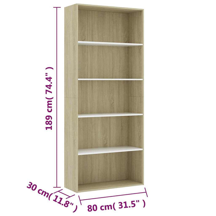 Bibliotecă cu 5 rafturi, alb & stejar sonoma, 80x30x189 cm, PAL WALTI