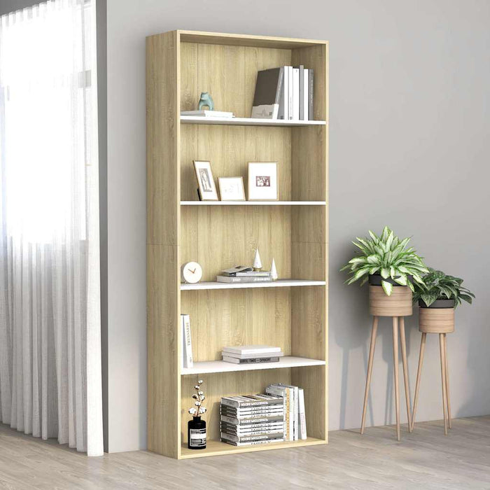 Bibliotecă cu 5 rafturi, alb & stejar sonoma, 80x30x189 cm, PAL WALTI