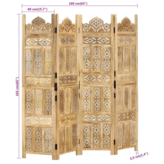 Paravan cameră sculptat manual 4 panouri 160x165 cm mango WALTI
