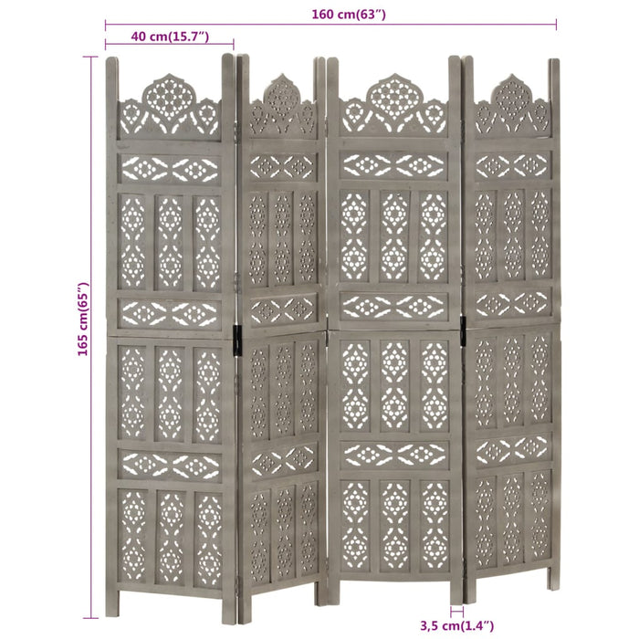 Paravan cameră sculptat manual 4 panouri gri 160x165 cm mango - WALTI WALTI