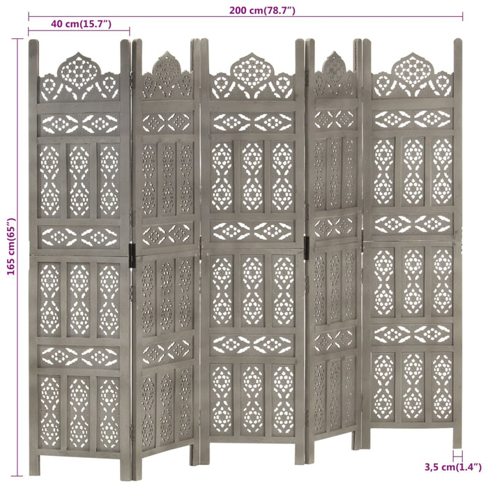 Paravan cameră sculptat manual 5 panouri gri 200x165 cm mango - WALTI WALTI