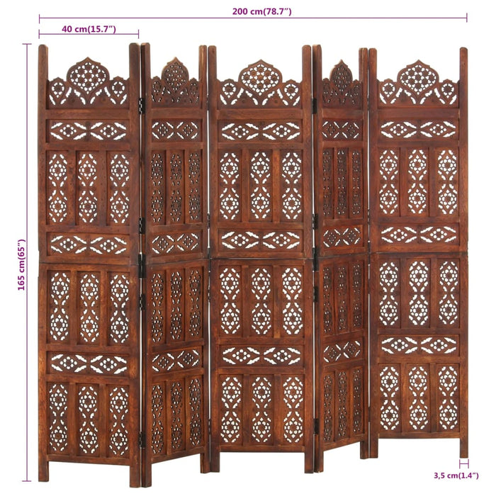 Paravan cameră sculptat manual 5 panouri maro 200x165 cm mango - WALTI WALTI