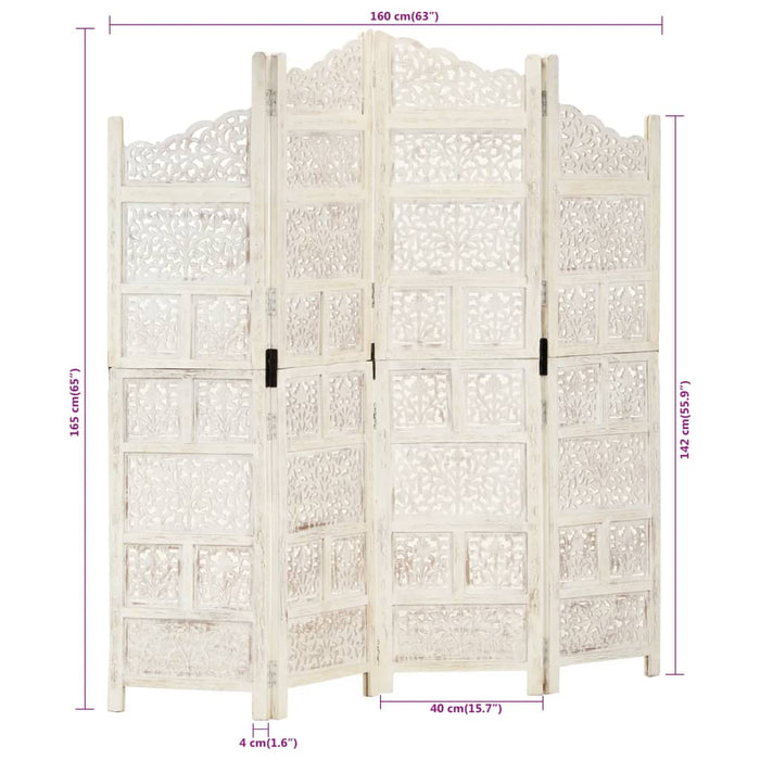 Paravan cameră sculptat manual, 4 panouri, alb 160x165 cm mango - WALTI WALTI